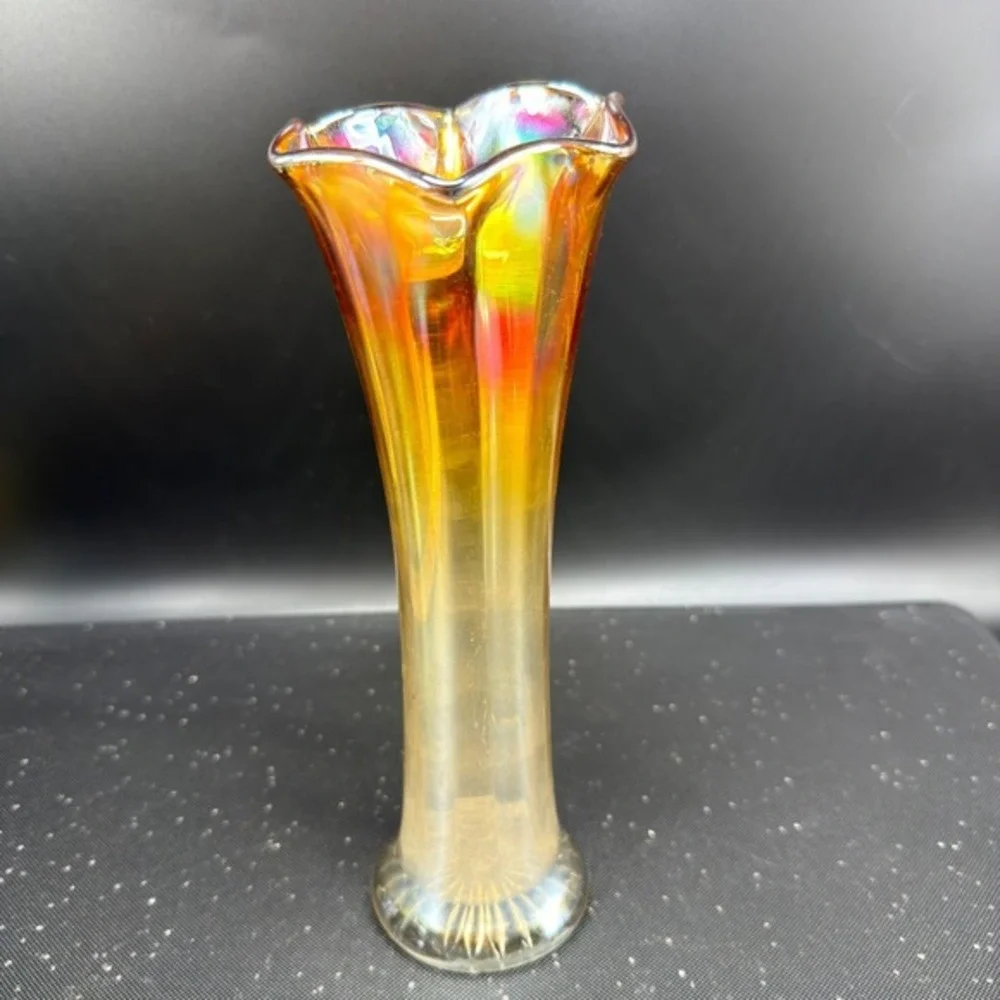 Vintage Marigold Carnival Glass‎ Iridescent Ruffled Trumpet Vase 8 Inch Sunburst
